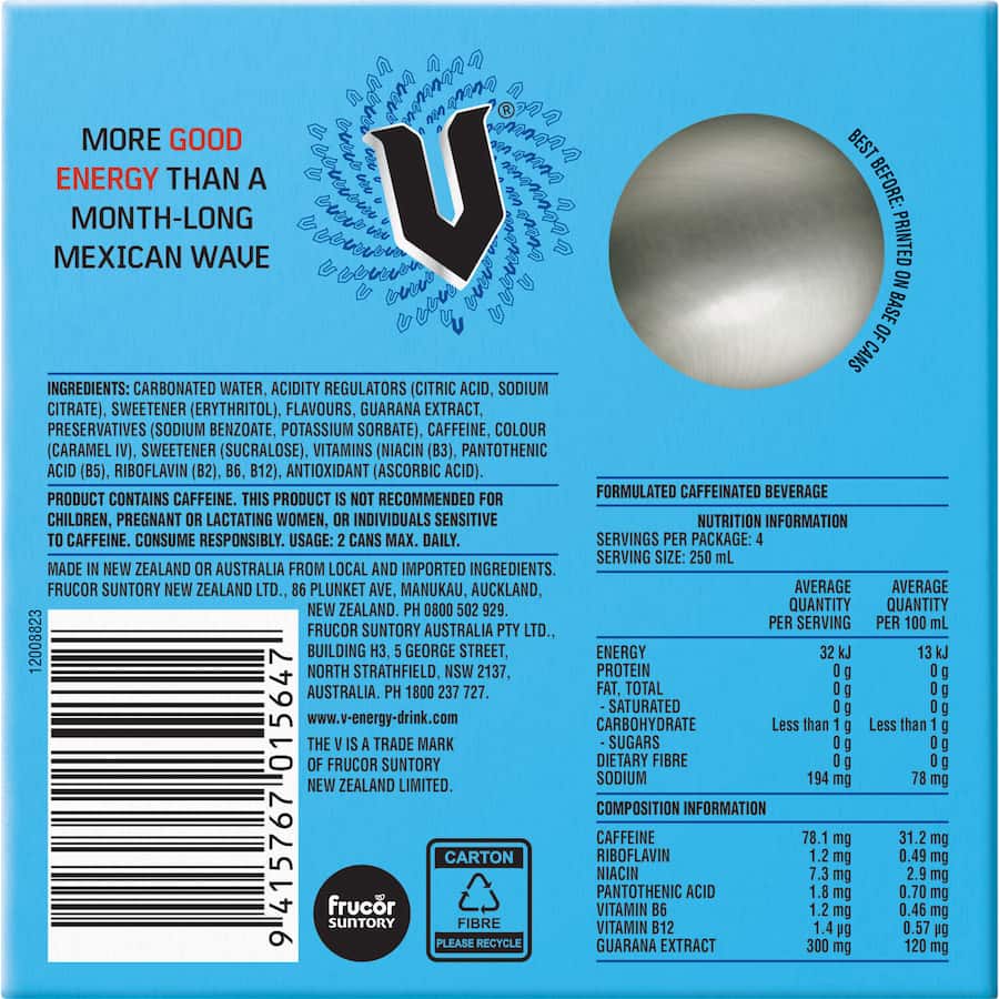 V Sugarfree Energy Drink Blue 250ml 4 pack